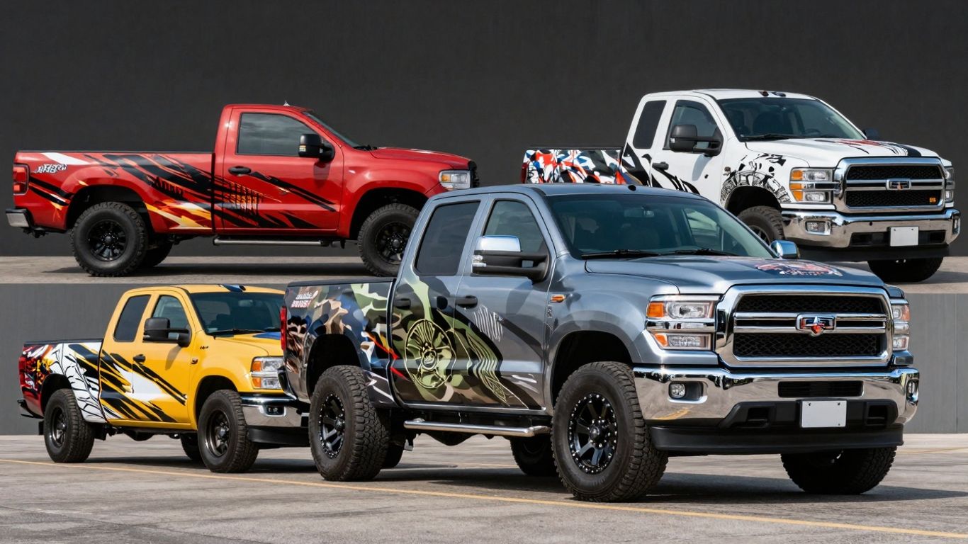 Custom truck wraps with unique designs and vibrant colors.