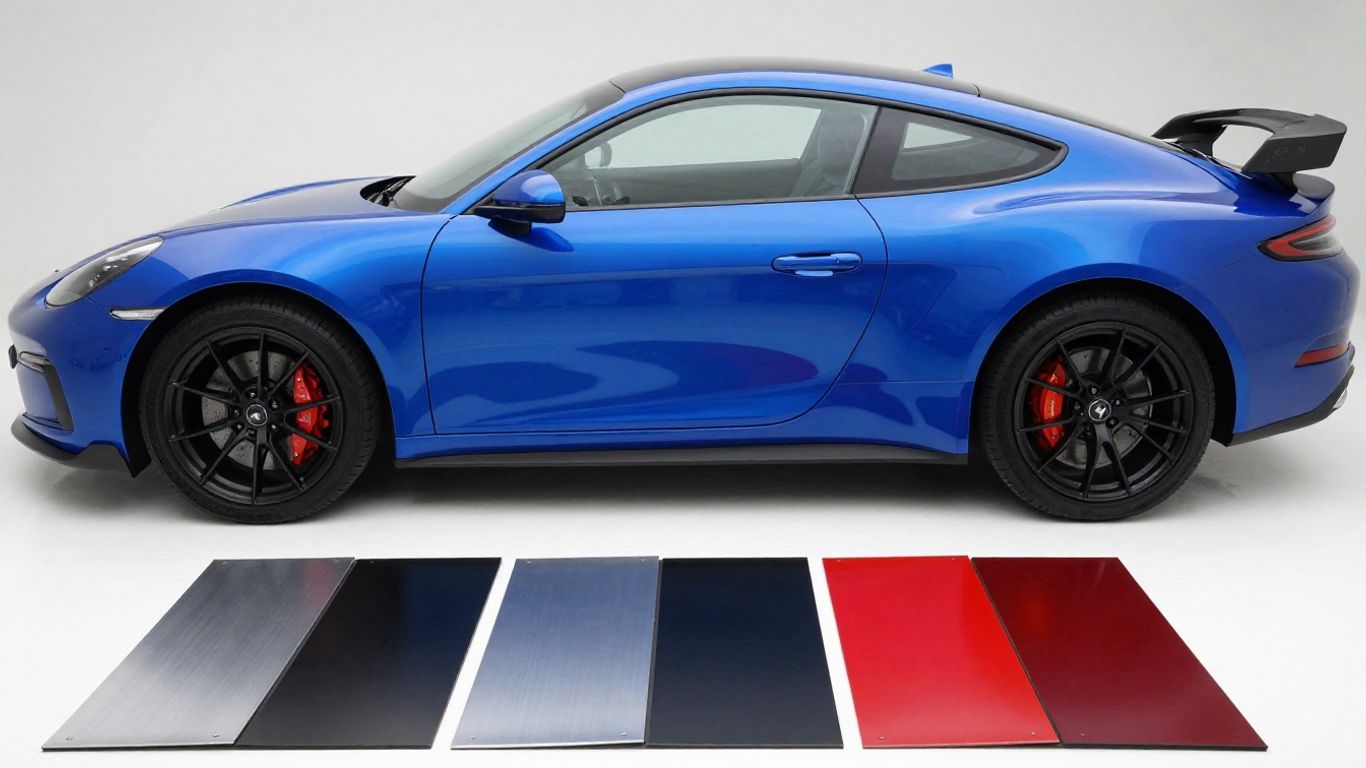 Car wrap color options with blue car and color swatches.