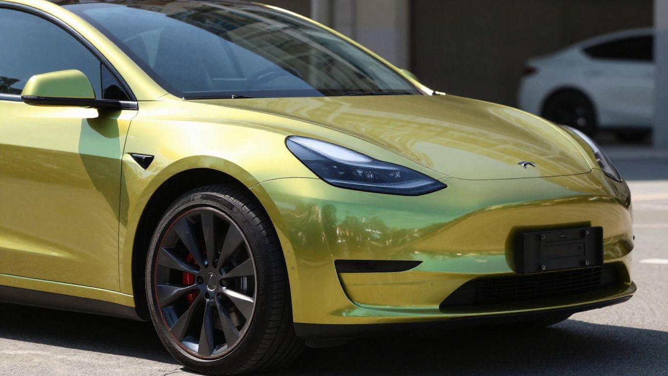 Car with a vibrant, glossy wrap color.