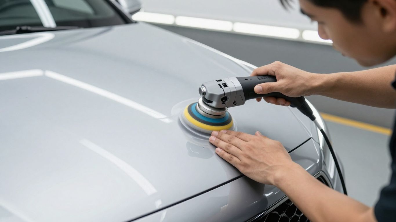 Technician polishing car paint for coating
